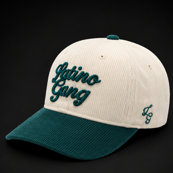 Latino Gang Crema Clasico corduroy cap in off-white and green – front view