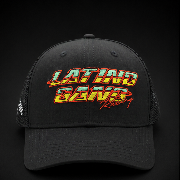 Latino Gang Racing cap with retro racing font and mesh back – front view