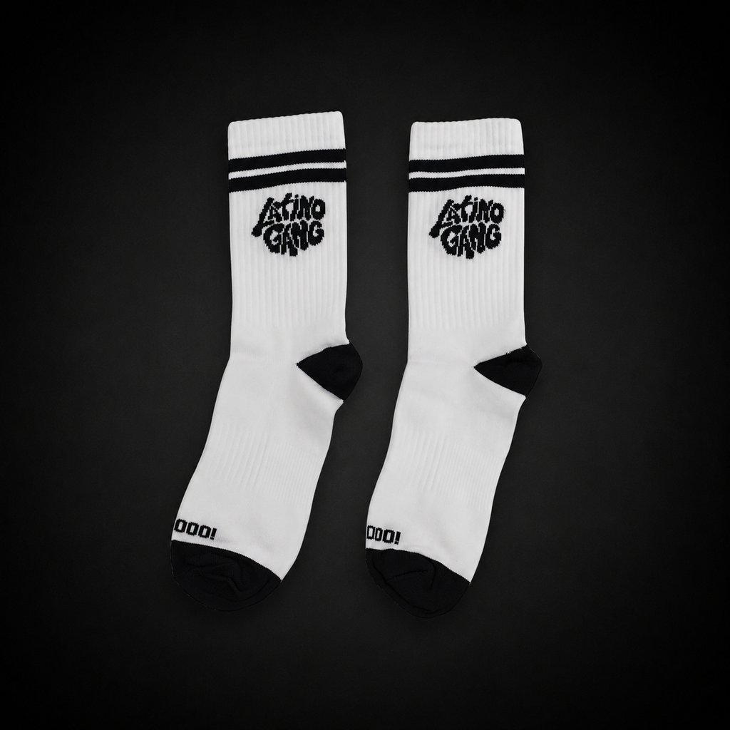 Latino Gang Bubble black and white socks with logo lettering – front view