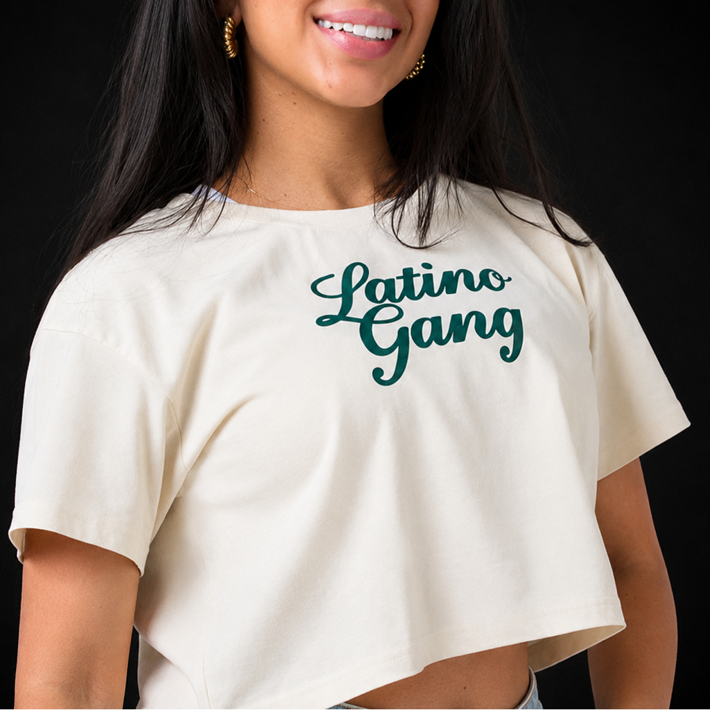 Latino Gang cream and green crop top for women – front view